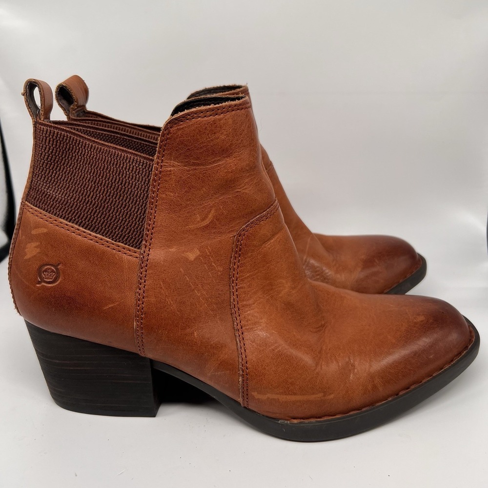 Born Ankle Boots Women's 11 Garcia Brown Leather Block‎ Heel Boho Chelsea Shoes - Picture 2 of 9